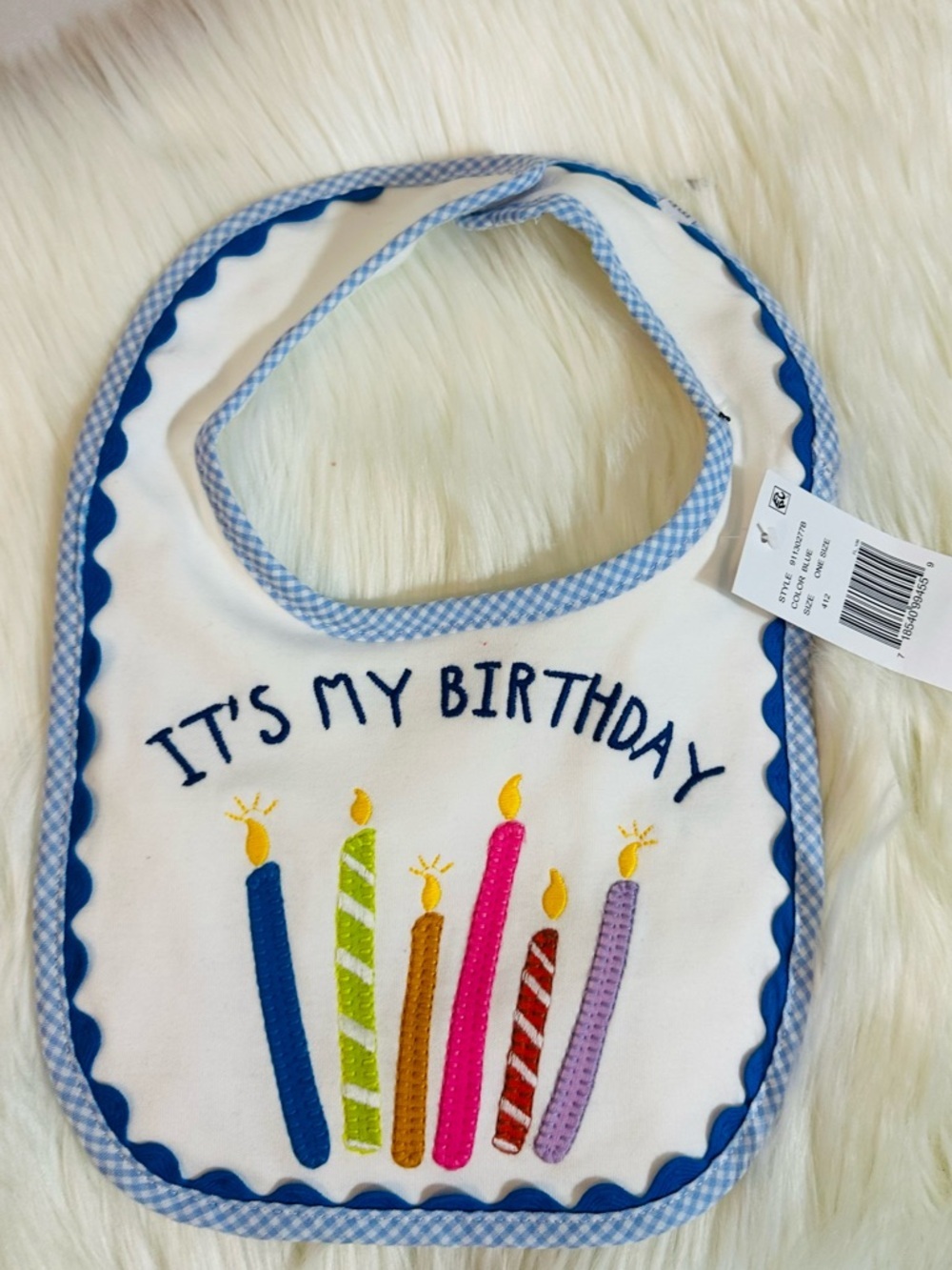 Mud Pie White Baby Bib with Blue Gingham Trim